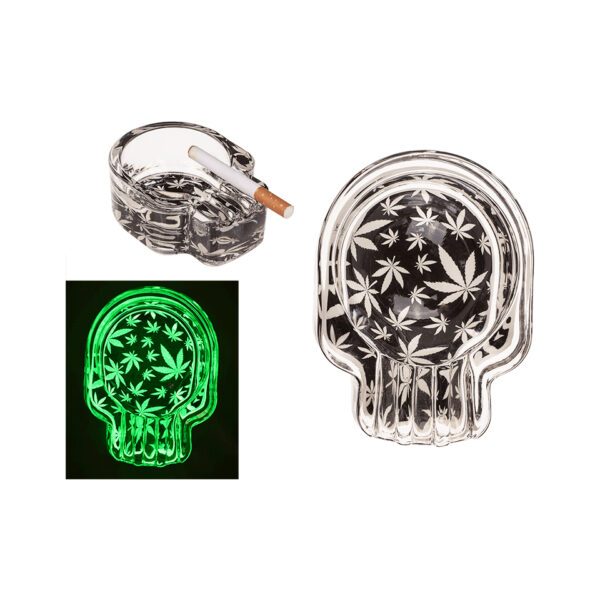 Γυάλινο τασάκι, Cannabis Skull, Glow in the dark, 9 x9 cm