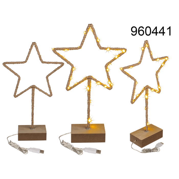 4029811456963.png Metal-star with Jute decoration & LED, on wooden base - Image 1