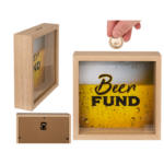 Κουμπαράς Beer Fund ξύλινης κατασκευής με μπροστινό τζάμι, 20 x 20 εκ. Money Box