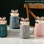 Κούπα με Καπάκι με χρυσό Φιογκάκι, Κεραμική, Διάφορα Χρώματα, 250 ml