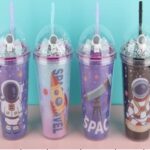 Ποτήρι Διπλού τοιχώματος με Σχέδιο Αστροναύτης, με φως, με Καπάκι Φούσκα και καλαμάκι