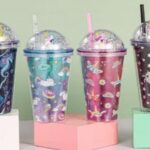 Ποτήρι Διπλού τοιχώματος με Σχέδιο Μονόκερος, με φως, με Καπάκι Φούσκα και καλαμάκι