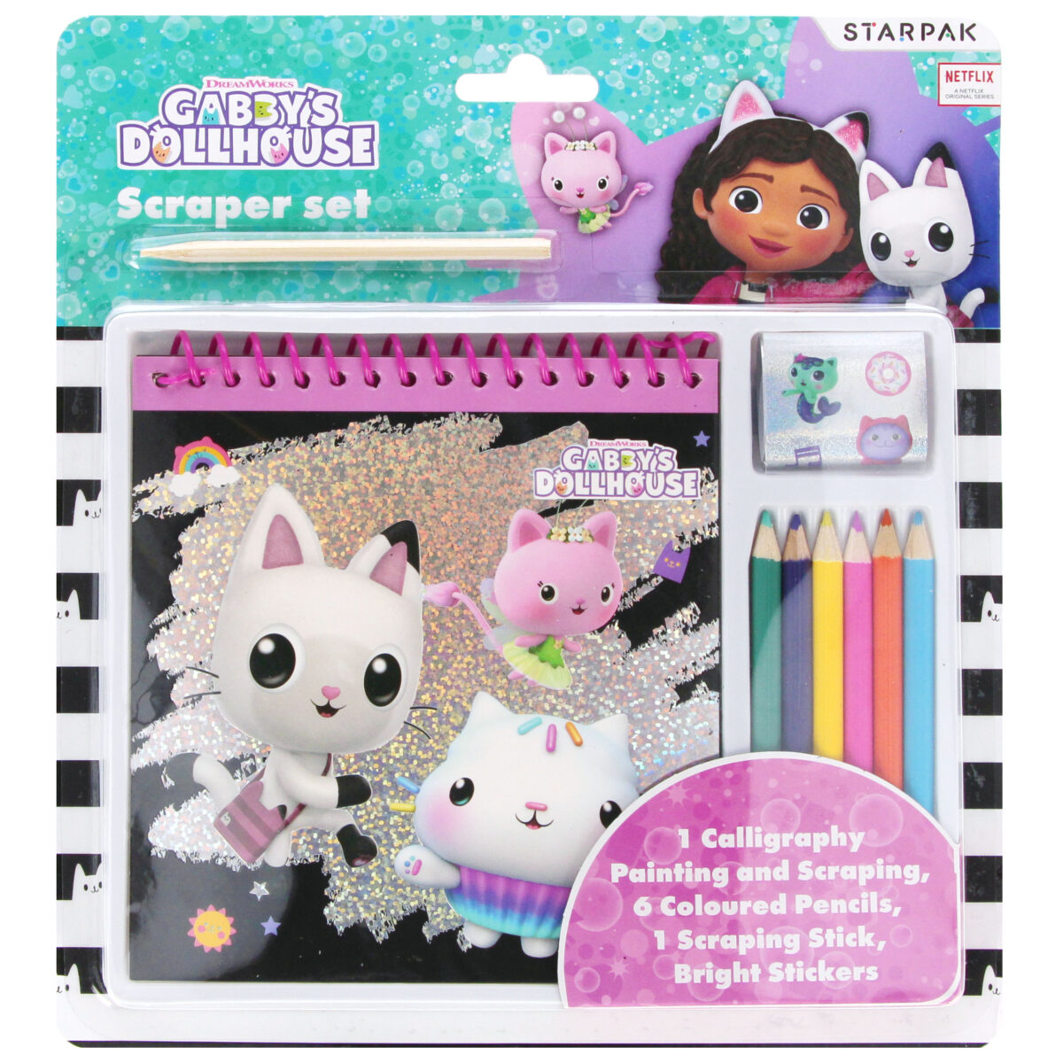 Σετ Scratch με Βιβλίο Καλλιγραφίας & Ζωγραφικής, Χρωματιστά Μολύβια, Αυτοκόλλητα Gabby's Dollhouse - Image 1