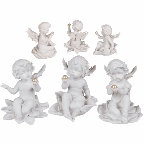 Sitting polyresin angel with pearl on flower, ca. 9, 5 x 12 cm, 3 ass.
