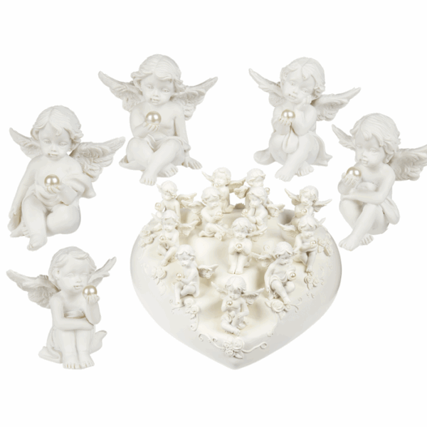 Polyresin angel with pearl, ca. 5 cm, 12 ass., 96 pcs. & 1 heart display
