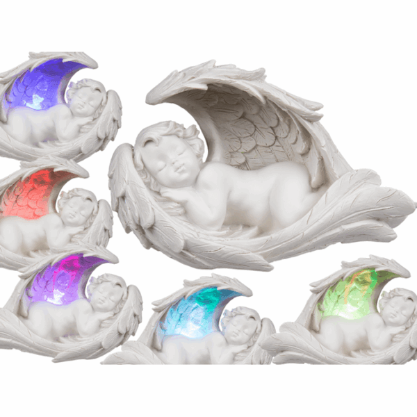Sleeping polyresin angel in wings with colour, 19 x 11 cm, 2 ass.