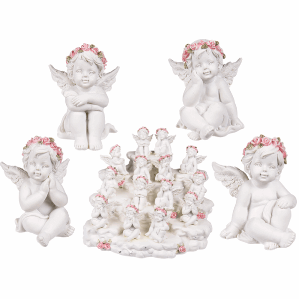 Polyresin angel with pink rosary, ca. 6 cm, 4 ass., 96 pcs. & 1 angel display