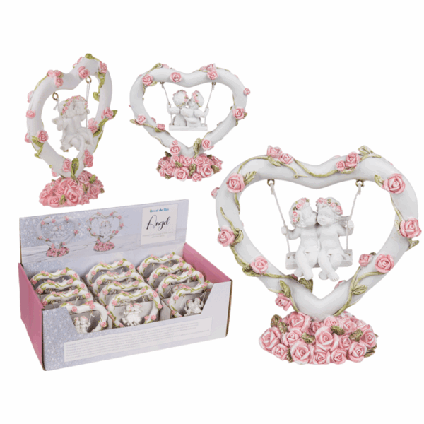 Polyresin angel couple in heart swing with pink,11 x 10 cm