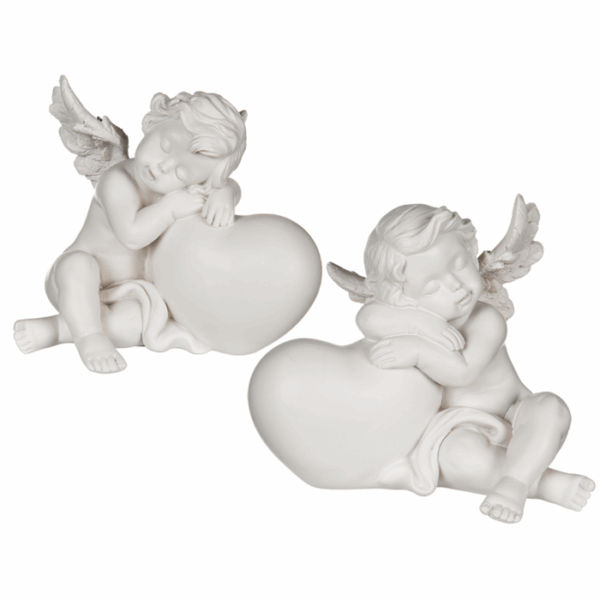 Sleeping polyresin angel on heart, ca. 11, 5 x 10 cm, 2 ass.
