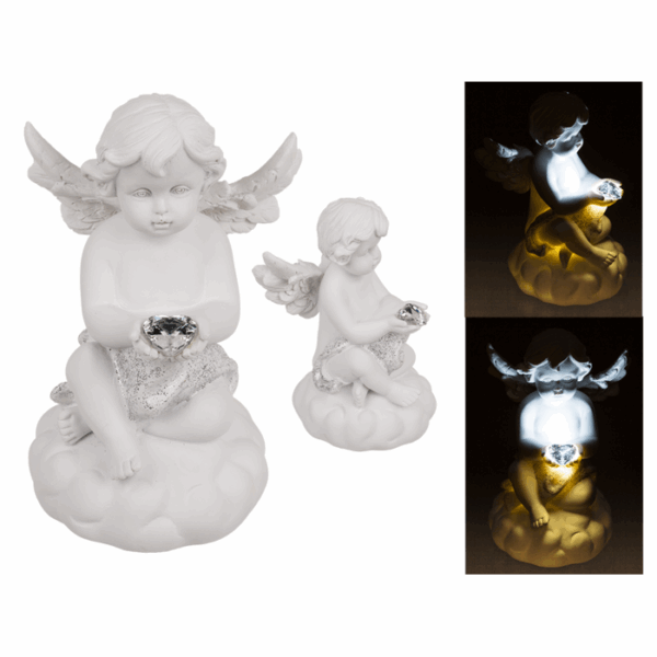 Sitting polyresin angel with white LED heart, (including batteries) ca. 7 x 11,5 cm