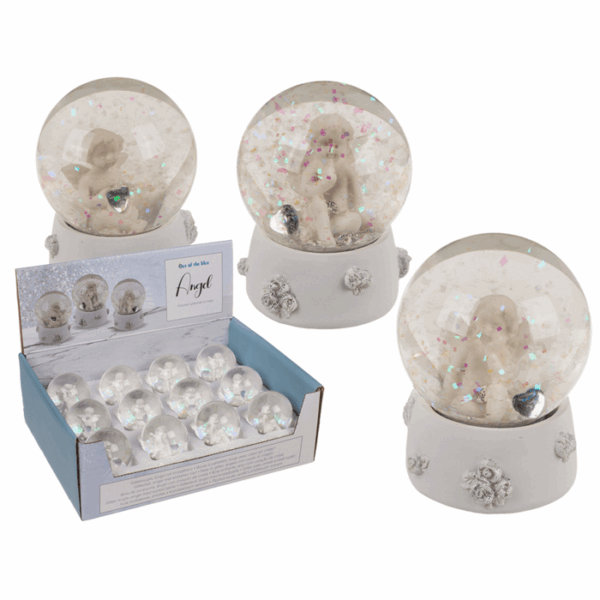 Polyresin glitterball, Angel with crystal heart,  4,5 x 4,5 x 5,8 cm