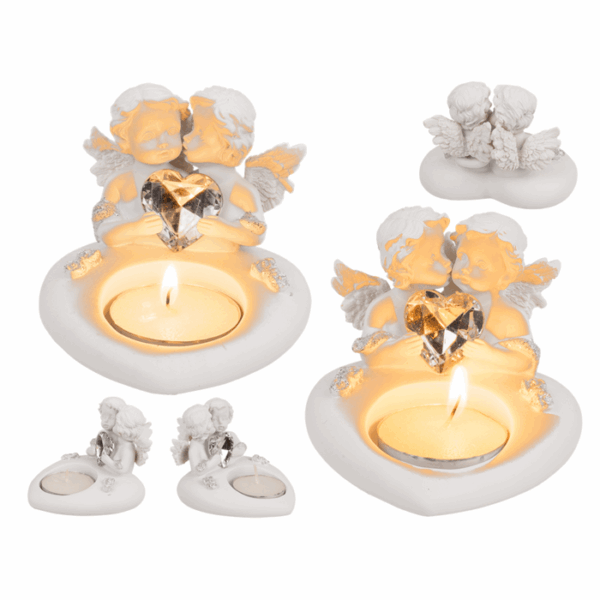 Polyresin heart tealight holder with double angel & crystal heart, ca. 8,5 x 10,2 x 6,7