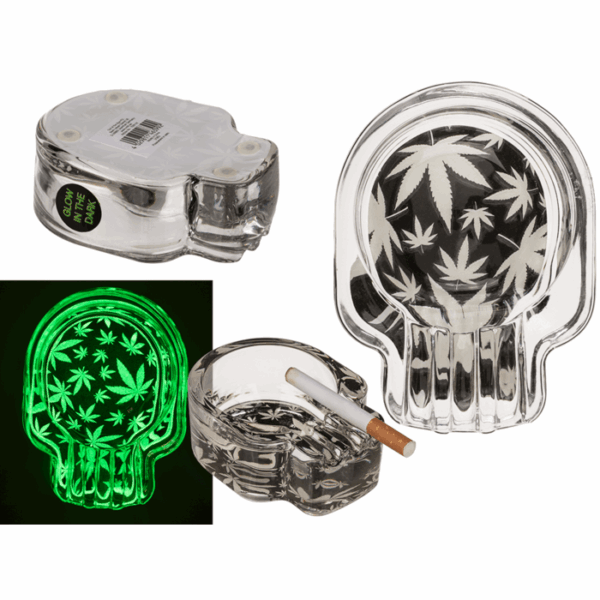 Γυάλινο τασάκι, Cannabis Skull, Glow in the dark, 9 x9 cm