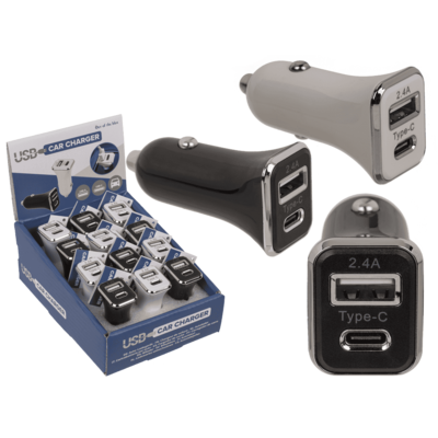 Φορτιστής αυτοκινήτου USB C + USB A, 2 χρώματα