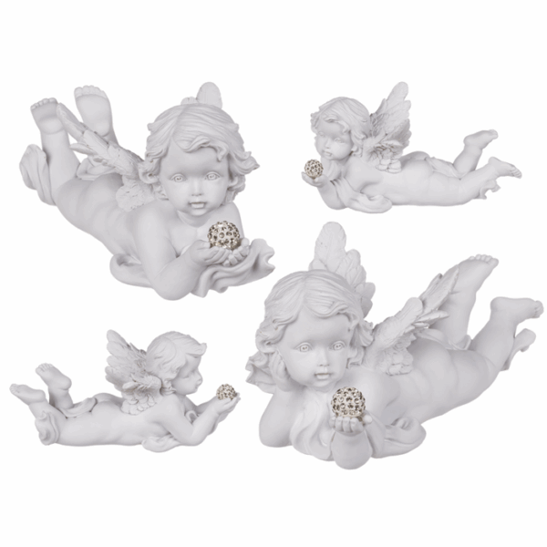 White, lying Polyresin Angel with Crystal Deco, ca. 16 x 7 cm, 2 ass.