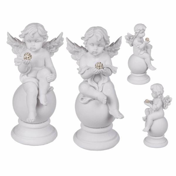 Sitting Polyresin Angel with Crystal Deco on ball, ca. 8 x 16.5 cm, 2 ass.