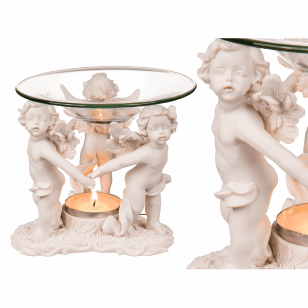 Polyresin oil burner, with glass bowl, three standing angels, ca. 10.5 x 11.5 cm