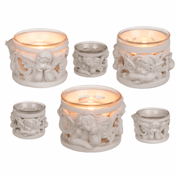 Polyresin tealight holder, Angel, ca. 6.5 x 5.6 cm, 3 ass.