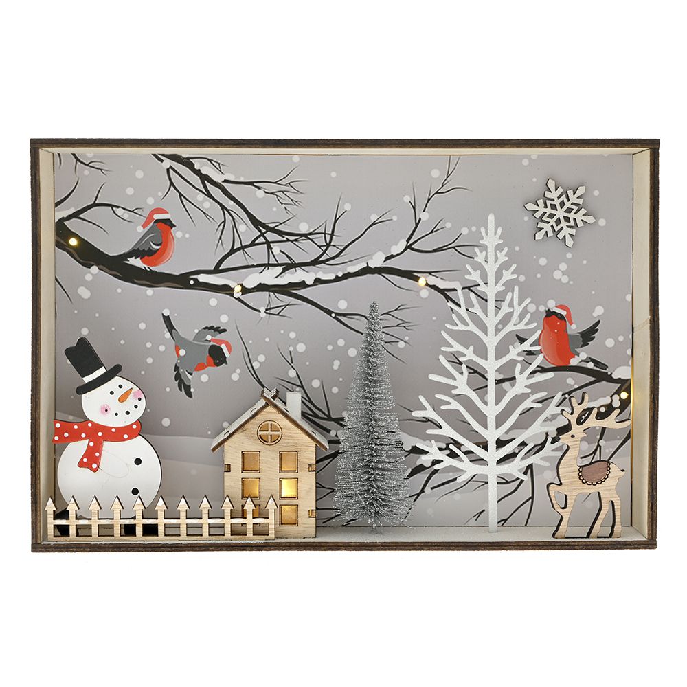 79644.jpg ΞΥΛΙΝΟ ΦΩΤΙΖΟΜΕΝΟ ΣΚΗΝΙΚΟ ΜΕ ΧΙΟΝΑΝΘΡΩΠΟ 28Χ6Χ18.5ΕΚ ΜΠΑΤΑΡΙΑΣ CHRISTMAS - Image 1