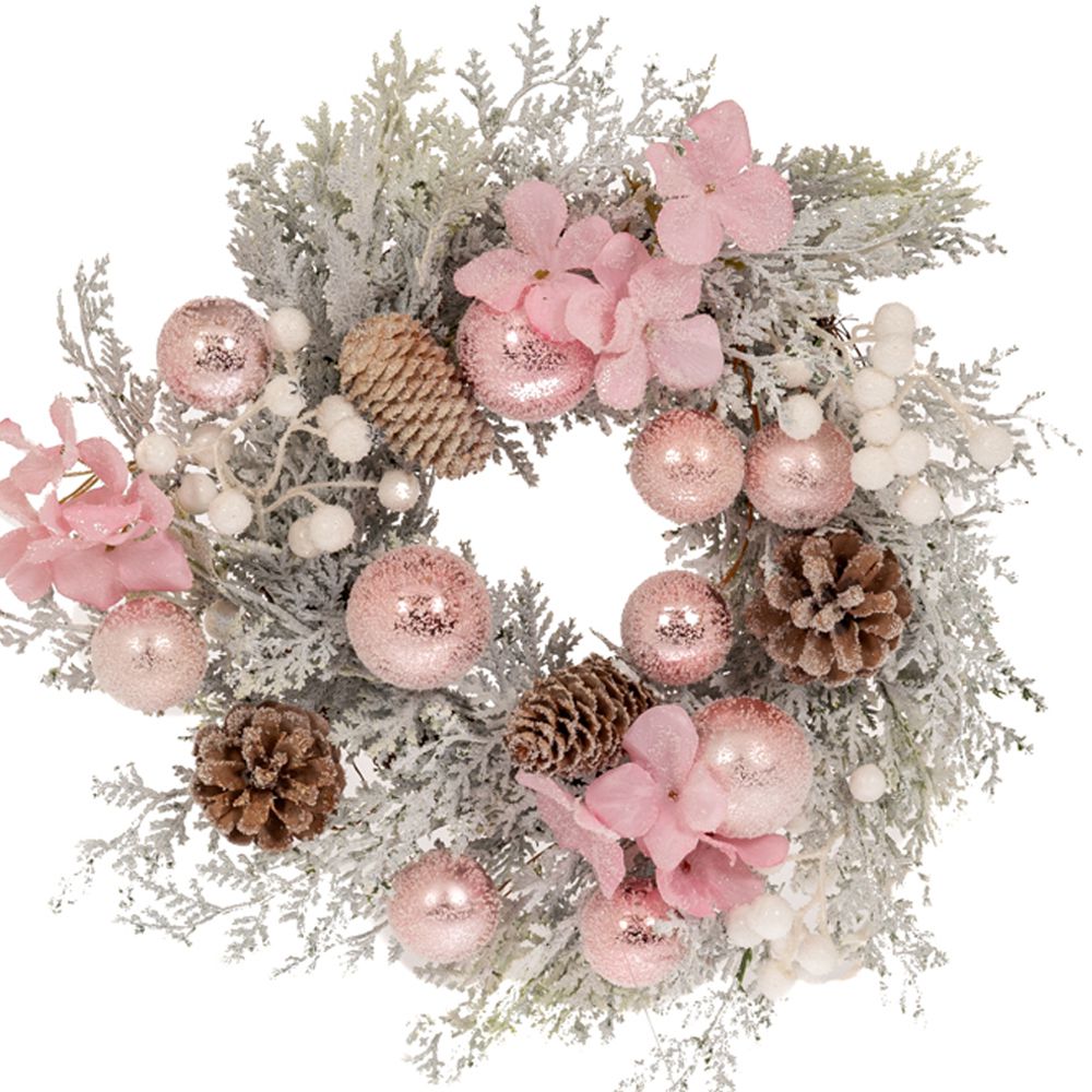 87855.jpg ΧΙΟΝΙΣΜΕΝΟ ΣΤΕΦΑΝΙ ΜΕ ΡΟΖ BERRIES ΚΑΙ ΚΟΥΚΟΥΝΑΡΙΑ 35EK CHRISTMAS - Image 1