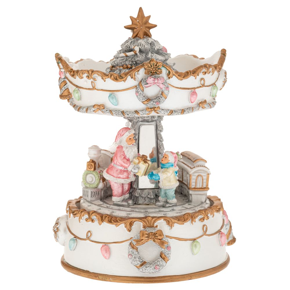 90501.jpg ΛΕΥΚΟ/ ΧΡΥΣΟ ΚΟΥΡΔΙΣΤΟ  ΚΑΡΟΥΖΕΛ ΜΕ ΤΡΕΝΑΚΙ ΚΑΙ ΑΓΙΟ ΒΑΣΙΛΗ ΜΕ ΜΟΥΣΙΚΗ 11,5Χ11,5Χ17 CHRISTMAS - Image 1