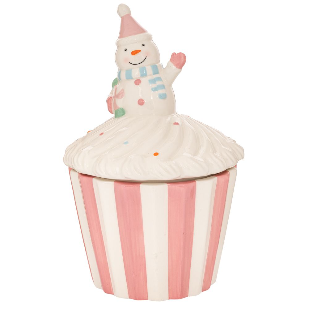 91116.jpg ΡΟΖ/ ΛΕΥΚΗ ΚΕΡΑΜΙΚΗ ΜΠΙΣΚΟΤΙΕΡΑ CUPCAKE ΜΕ ΧΙΟΝΑΝΘΡΩΠΟ 18Χ18Χ28,5ΕΚ CHRISTMAS - Image 1